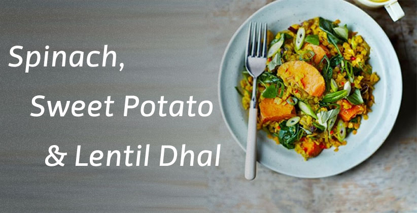 Lentil Dahl with sweet potatoes, and spinach